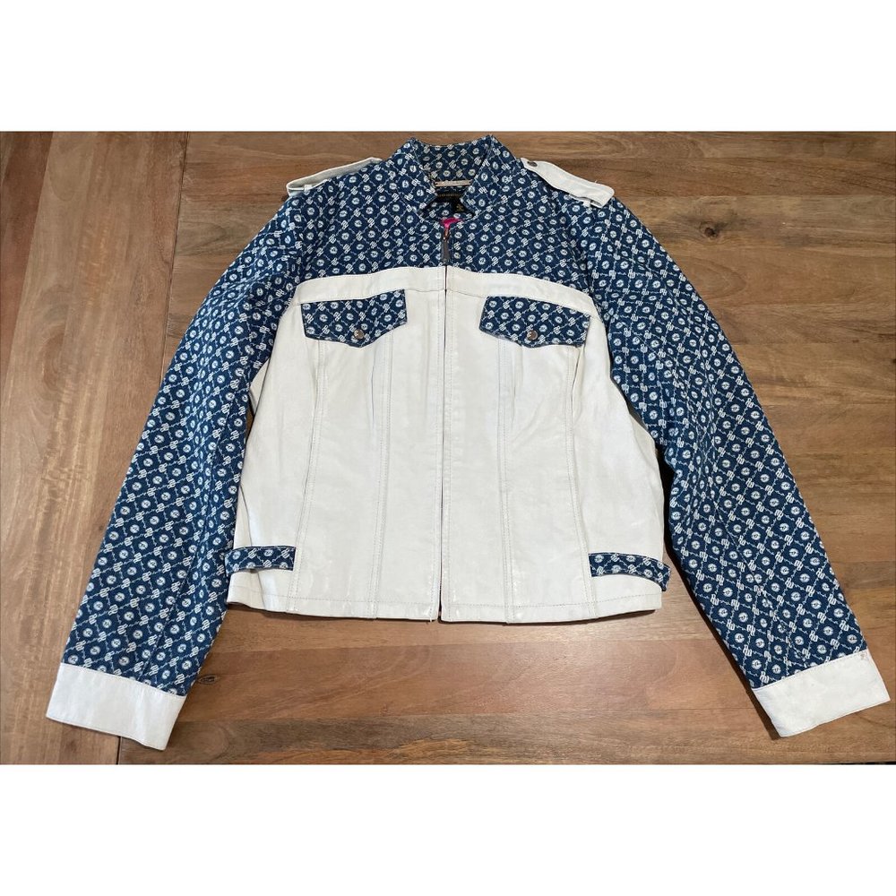 Vintage Roca Wear 100% Leather Jacket Womens XL All Over Print Logo Retro Zip Up